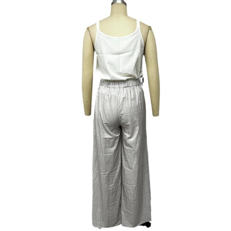 Solid Color V-neck Sleeveless Top with High Waist Wide Leg Pants Suit