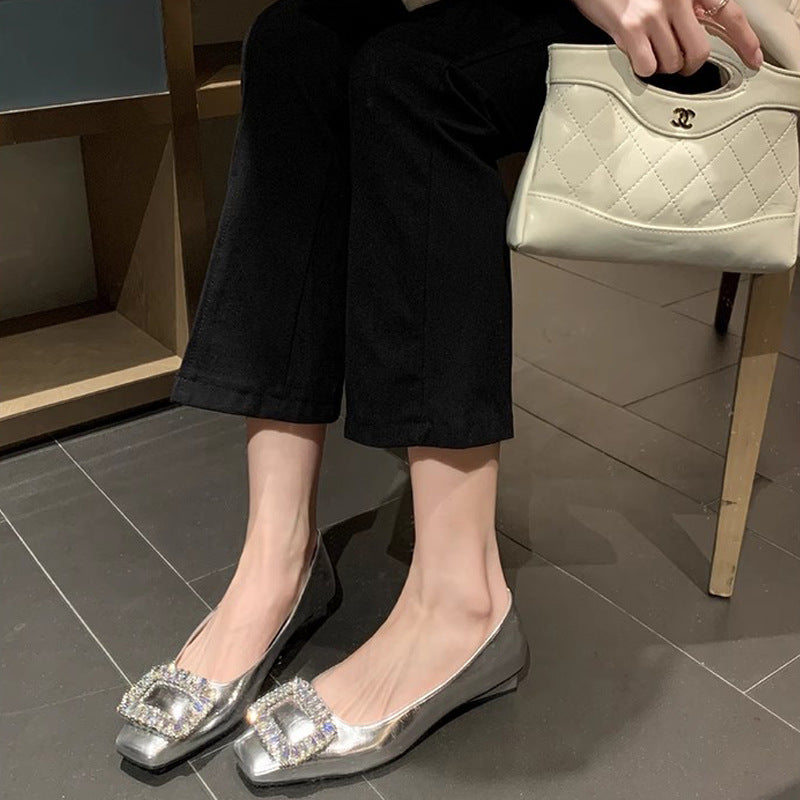 Rhinestone Square Toe Low-Cut Silver Flats
