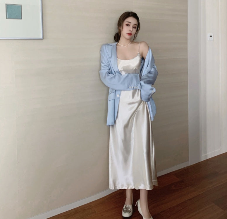 Hong Kong Flavor Satin Suspender Skirt Casual Gloss Suit
