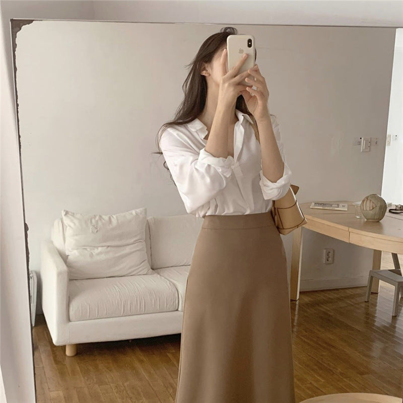 Simple Long Sleeve Shirt and High Waist Skirt Suit