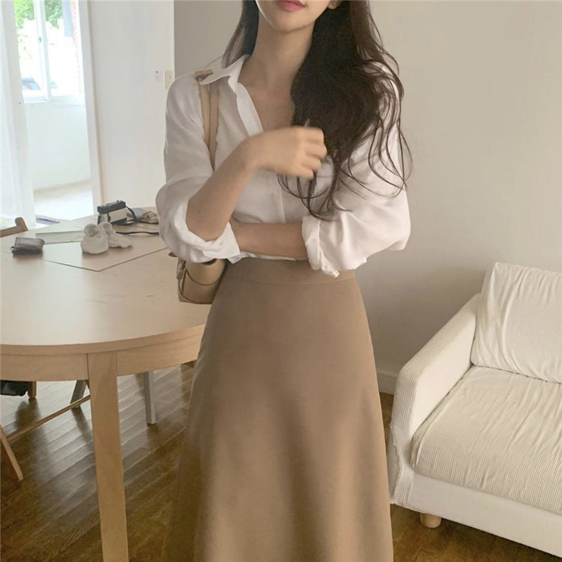 Simple Long Sleeve Shirt and High Waist Skirt Suit