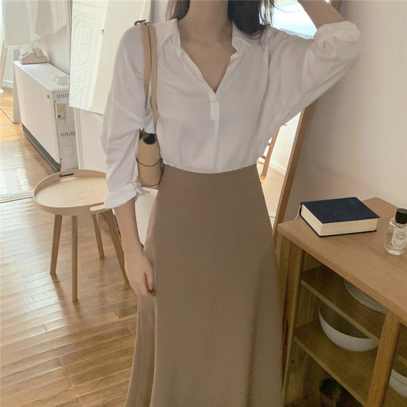 Simple Long Sleeve Shirt and High Waist Skirt Suit
