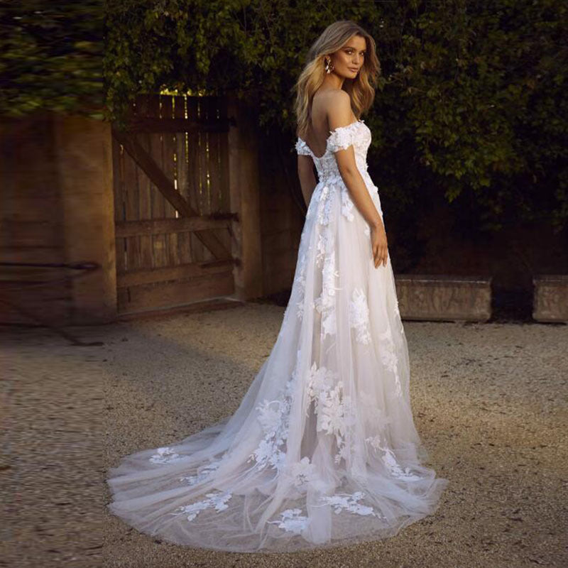 Off-The-Shoulder Lace Wedding Dress with Appliques, A-Line Princess Bridal Gown