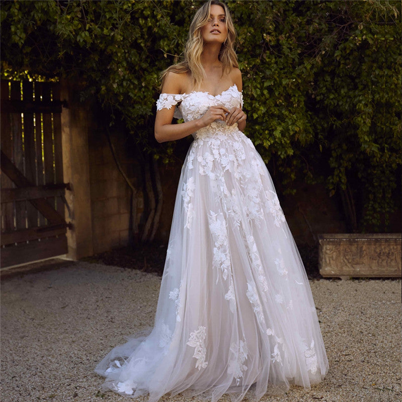 Off-The-Shoulder Lace Wedding Dress with Appliques, A-Line Princess Bridal Gown