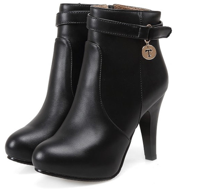 Leather High Heels Platform Ankle Boots