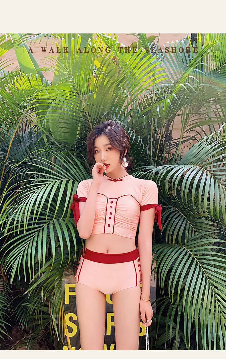 Conservative Split Swimsuit With High Collar And Shoulders