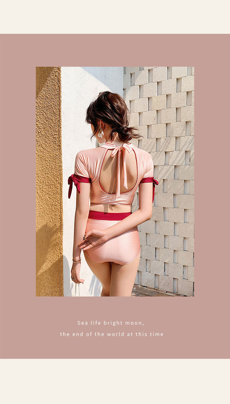 Conservative Split Swimsuit With High Collar And Shoulders