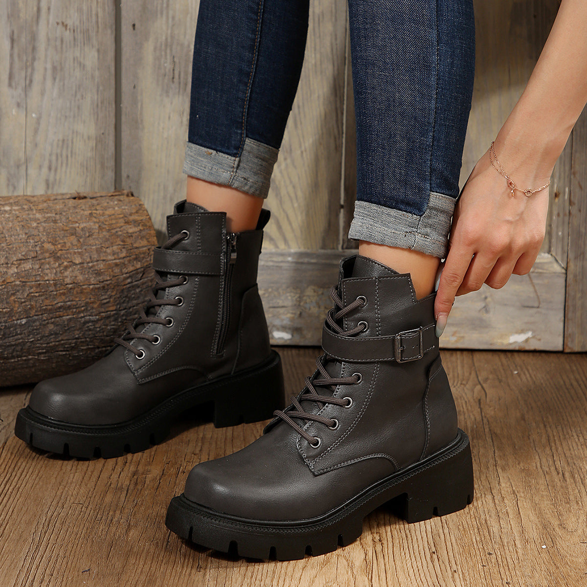 Round Head Chunky Heel Casual Mid-Calf Martin Boots