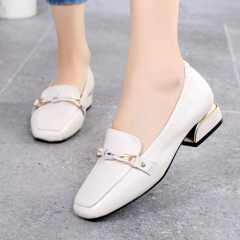 Top Layer Cowhide Leather Shoes Spring Mid-heel Ladies Shoes
