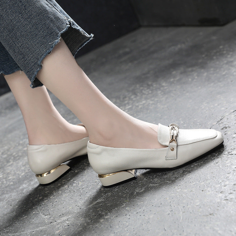Top Layer Cowhide Leather Shoes Spring Mid-heel Ladies Shoes