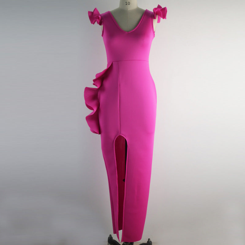 Ladies Deep V Neck Ruffle Gown