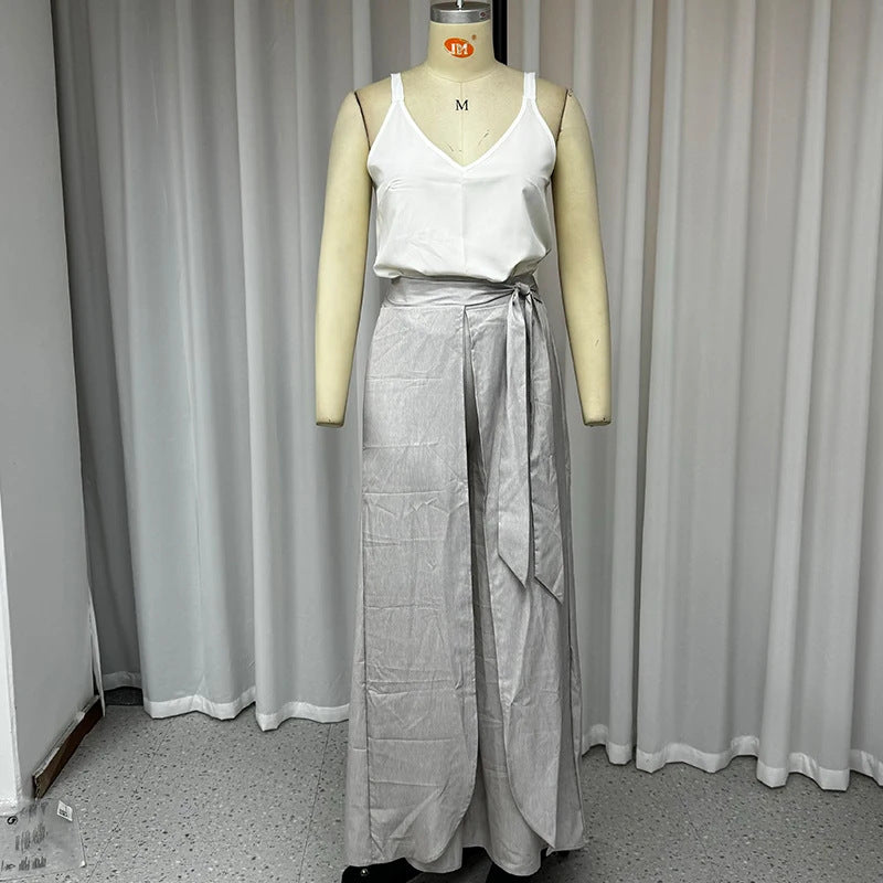 Solid Color V-neck Sleeveless Top with High Waist Wide Leg Pants Suit
