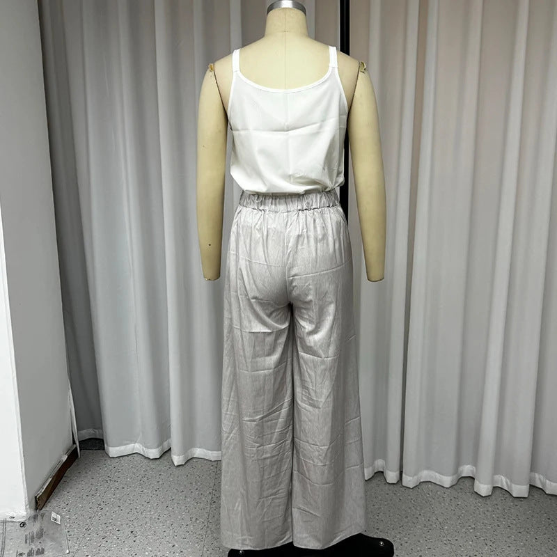 Solid Color V-neck Sleeveless Top with High Waist Wide Leg Pants Suit