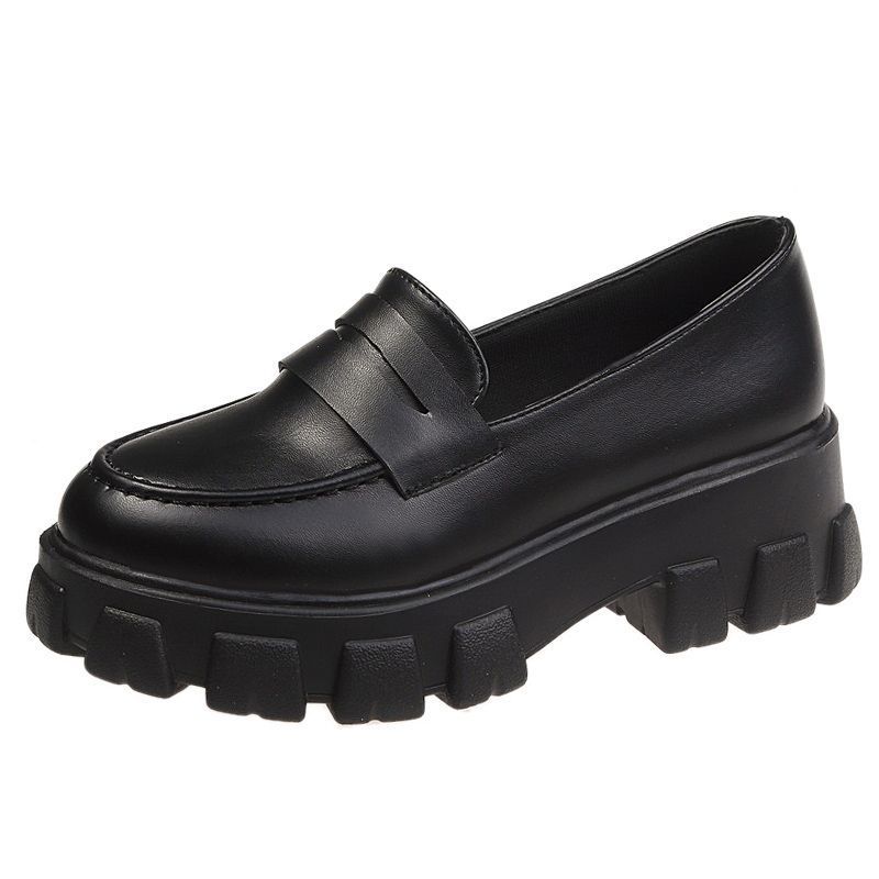 Thick Heel Black Leather Shoes