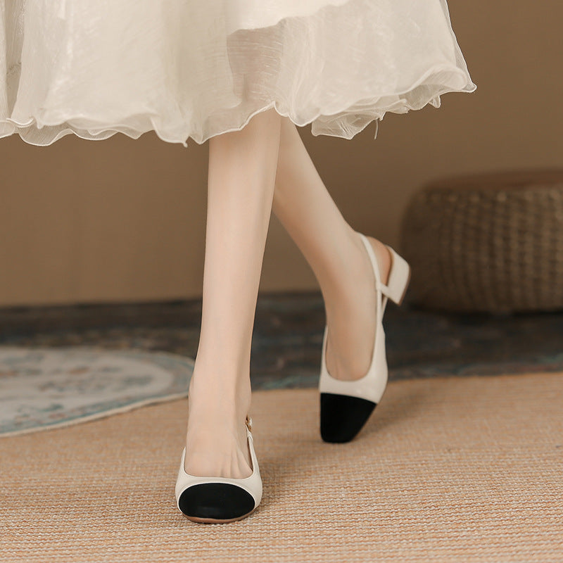 Leather Toe Cap Chunky Heel Shoes