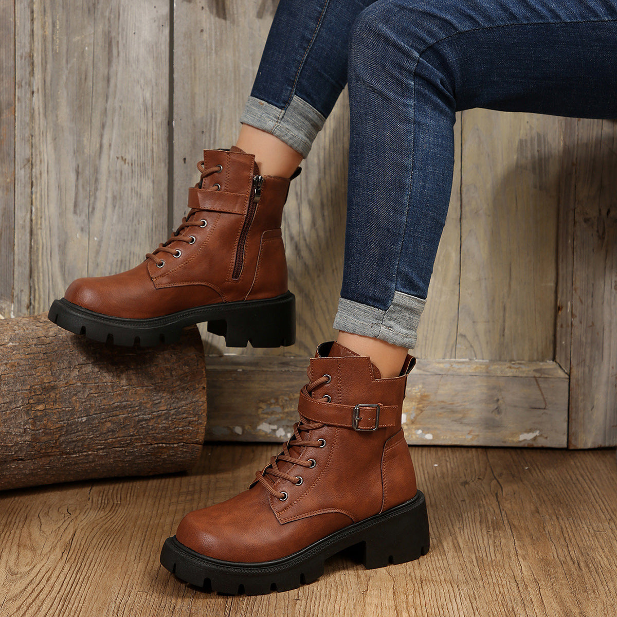 Round Head Chunky Heel Casual Mid-Calf Martin Boots