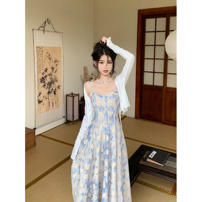 Blue Floral Coat & Skirt Set