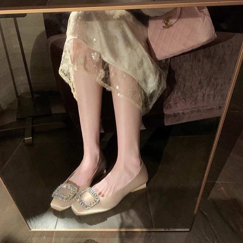 Rhinestone Square Toe Low-Cut Silver Flats