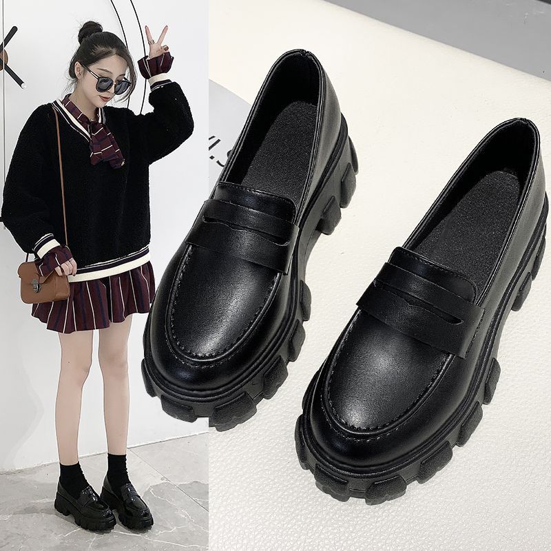 Thick Heel Black Leather Shoes