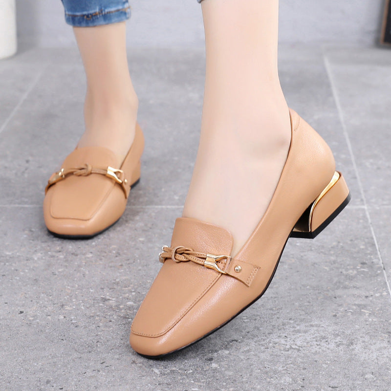 Top Layer Cowhide Leather Shoes Spring Mid-heel Ladies Shoes