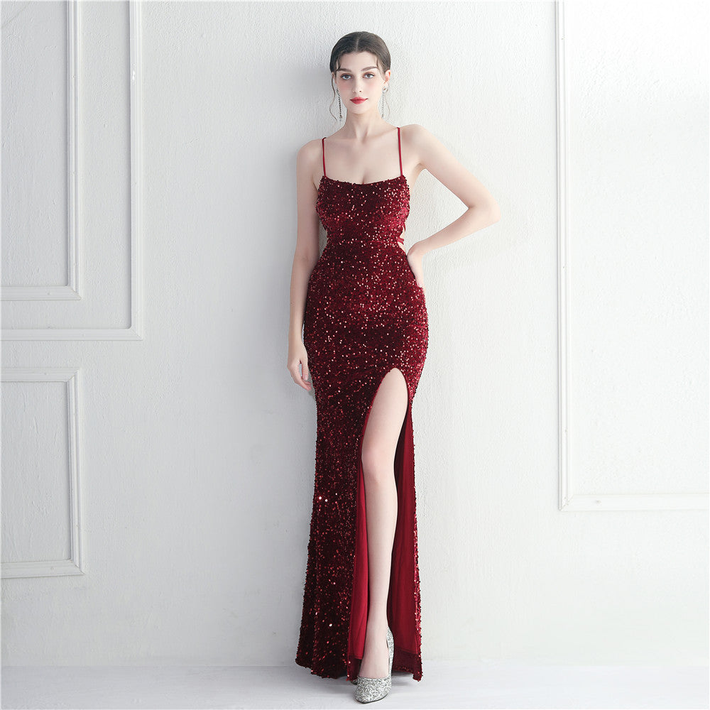 Evening Gown - Halter Neck with Spaghetti Straps and Long Fish Tail