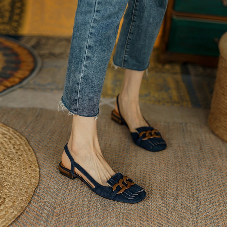 Pedal Toe Cap Slingback Tassel Low Heel Sandals