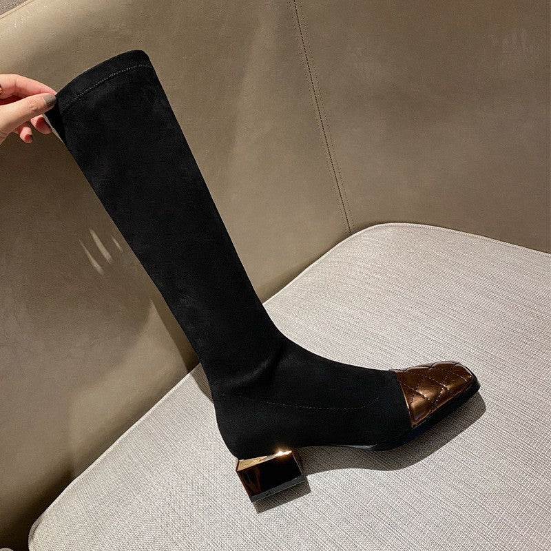 Women's Mid Heel Stitching Knee Boots