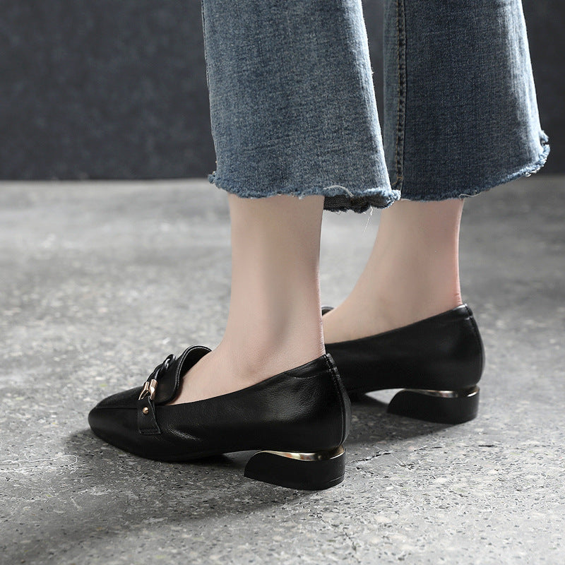 Top Layer Cowhide Leather Shoes Spring Mid-heel Ladies Shoes