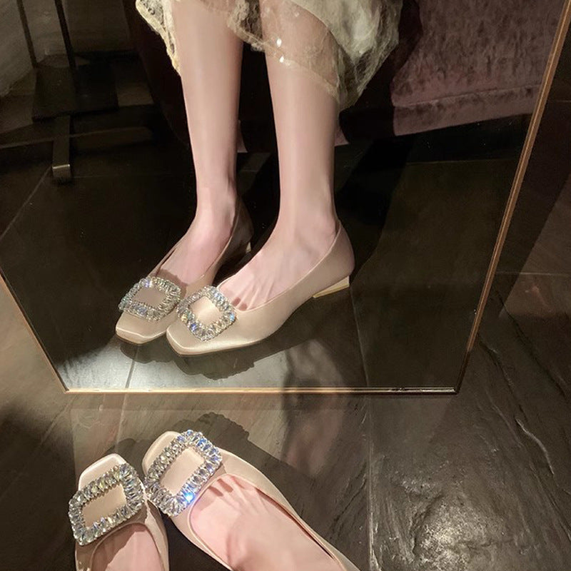 Rhinestone Square Toe Low-Cut Silver Flats