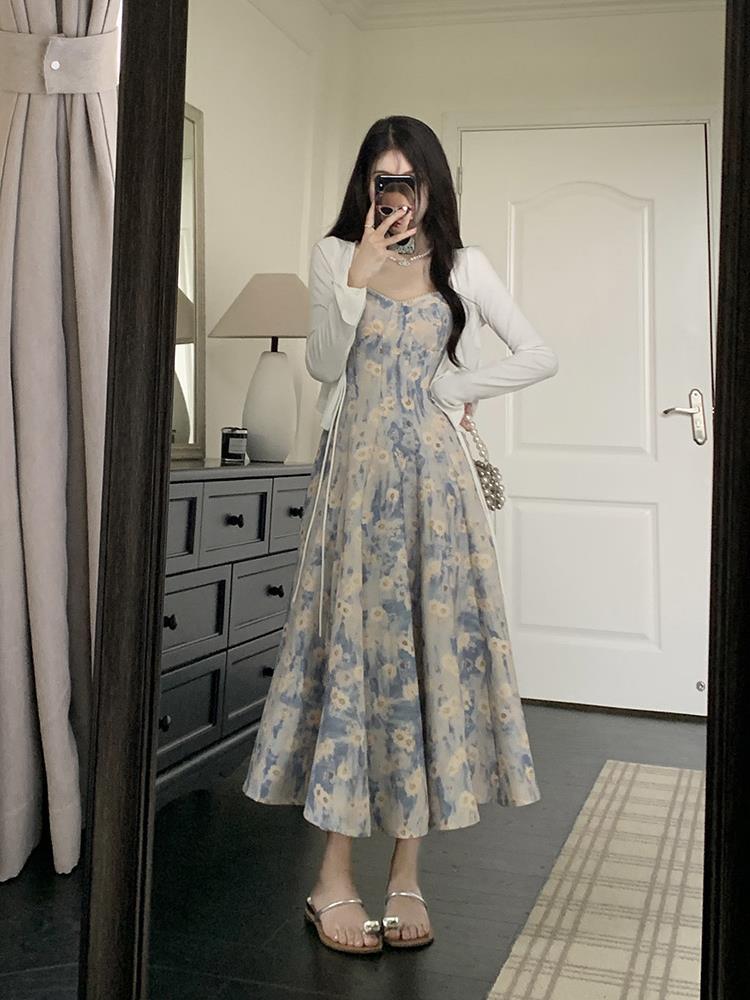 Blue Floral Coat & Skirt Set
