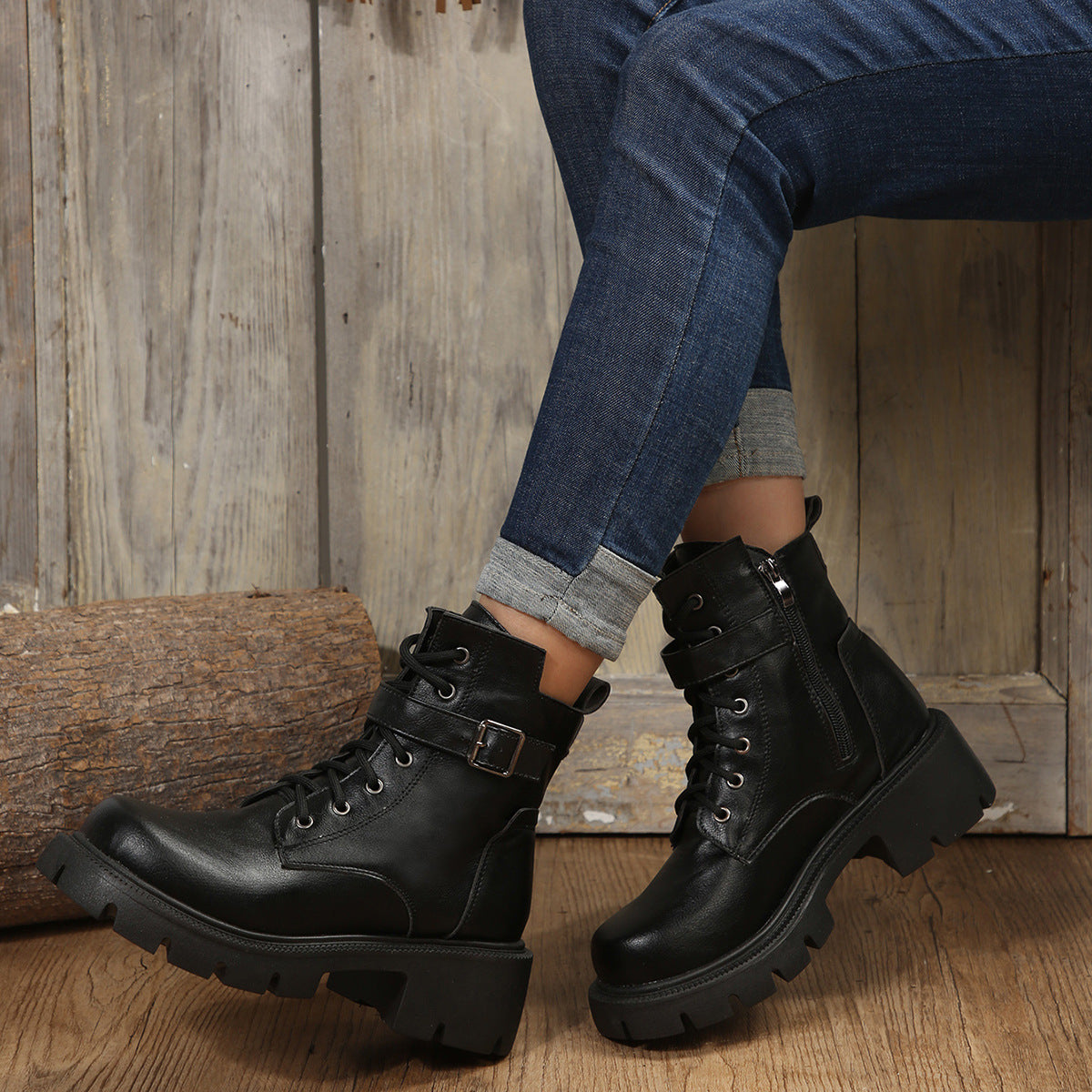 Round Head Chunky Heel Casual Mid-Calf Martin Boots