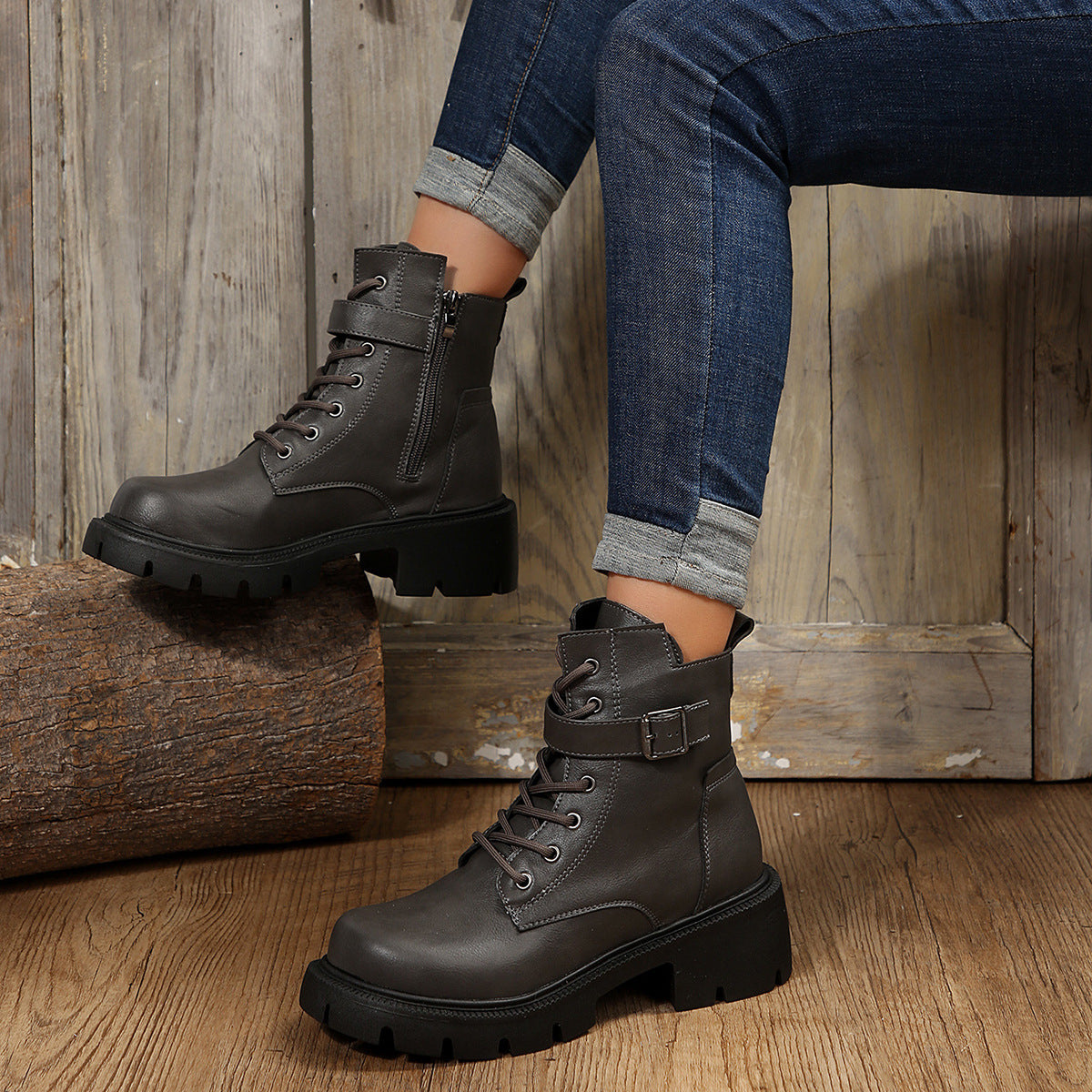 Round Head Chunky Heel Casual Mid-Calf Martin Boots
