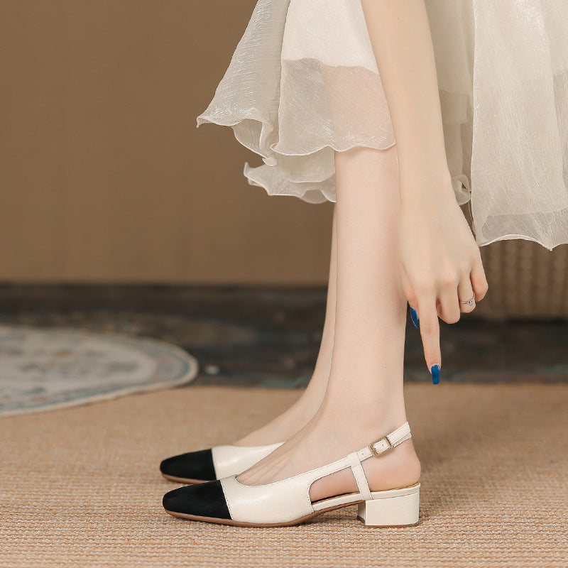 Leather Toe Cap Chunky Heel Shoes