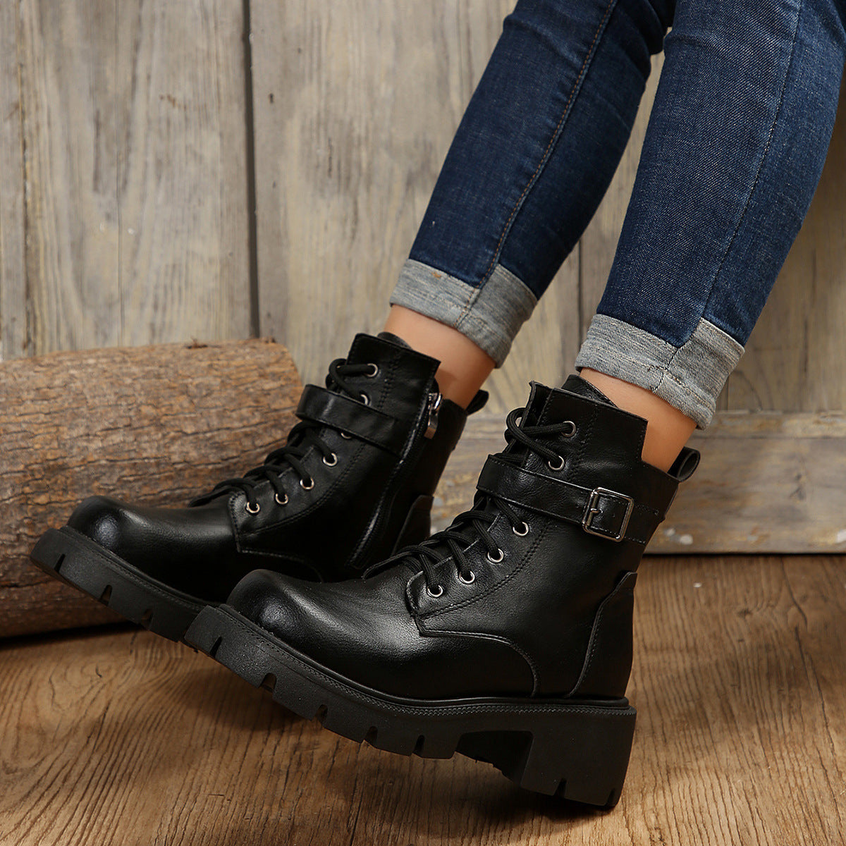 Round Head Chunky Heel Casual Mid-Calf Martin Boots