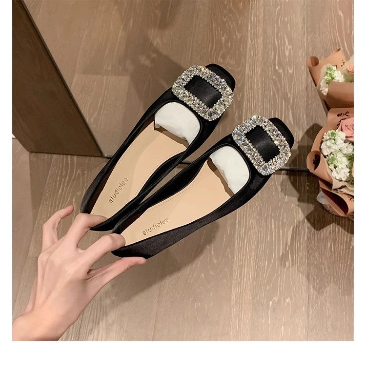 Rhinestone Square Toe Low-Cut Silver Flats