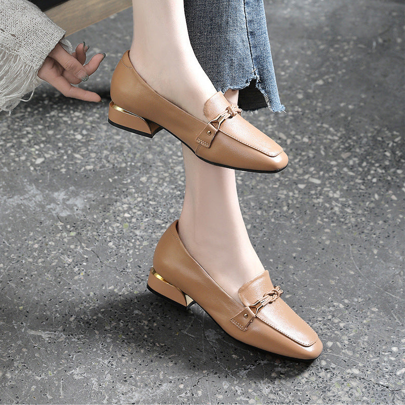 Top Layer Cowhide Leather Shoes Spring Mid-heel Ladies Shoes