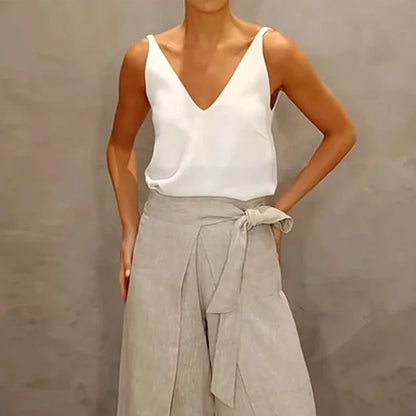 Solid Color V-neck Sleeveless Top with High Waist Wide Leg Pants Suit