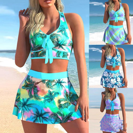 Split Skirt Conservative Large Print Swimwear