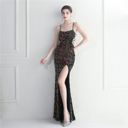 Evening Gown - Halter Neck with Spaghetti Straps and Long Fish Tail