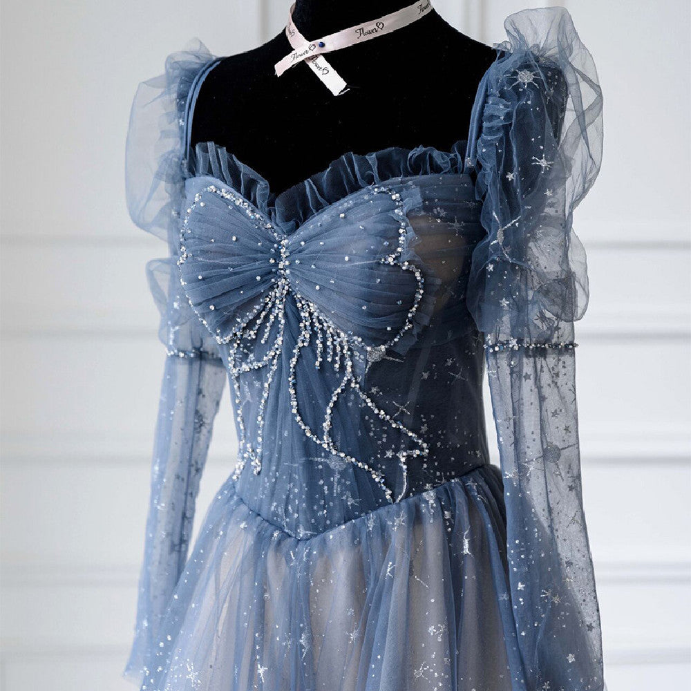 Blue Long-Sleeve Bridal Gown
