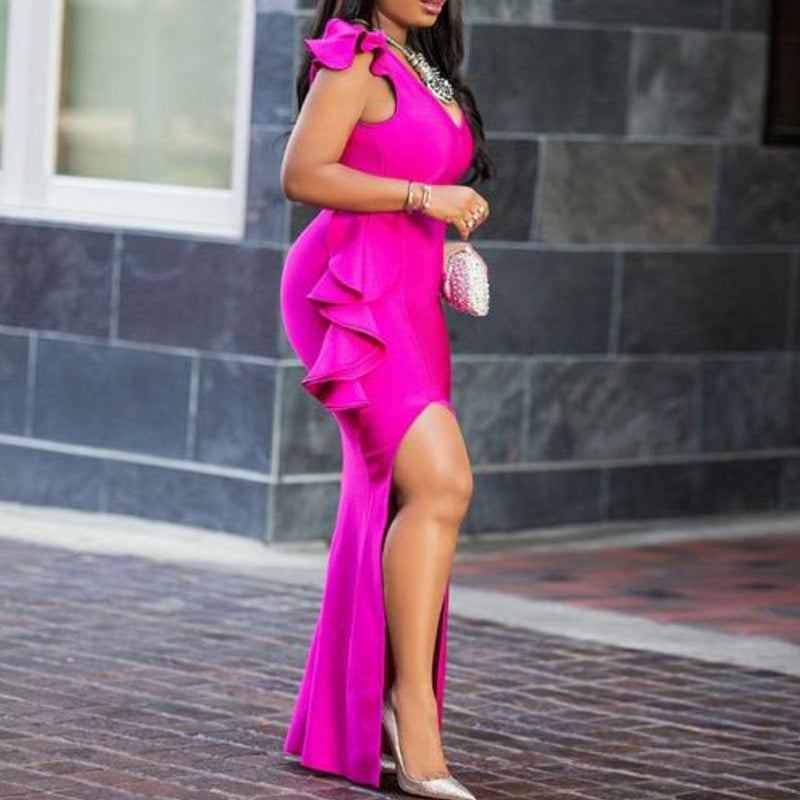 Ladies Deep V Neck Ruffle Gown