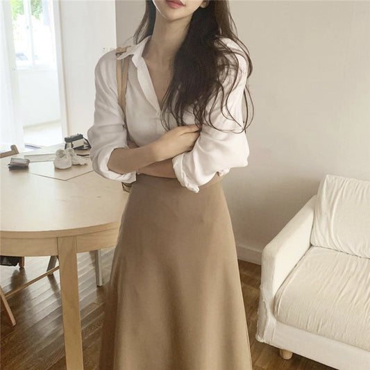 Simple Long Sleeve Shirt and High Waist Skirt Suit