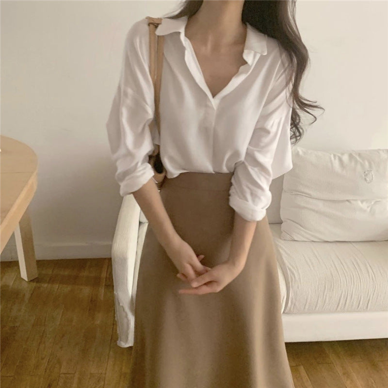 Simple Long Sleeve Shirt and High Waist Skirt Suit