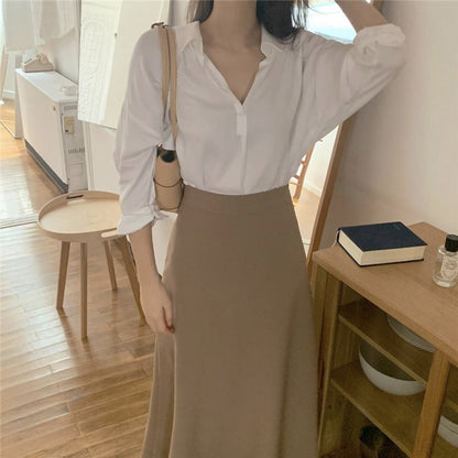 Simple Long Sleeve Shirt and High Waist Skirt Suit