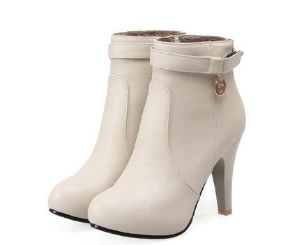 Leather High Heels Platform Ankle Boots