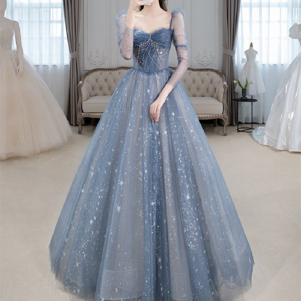 Blue Long-Sleeve Bridal Gown