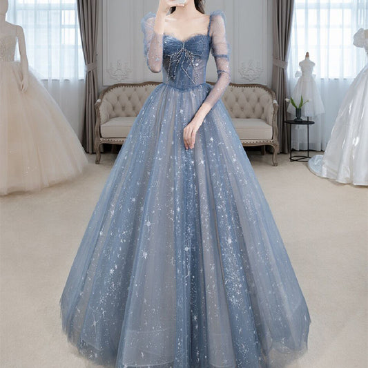 Blue Long-Sleeve Bridal Gown