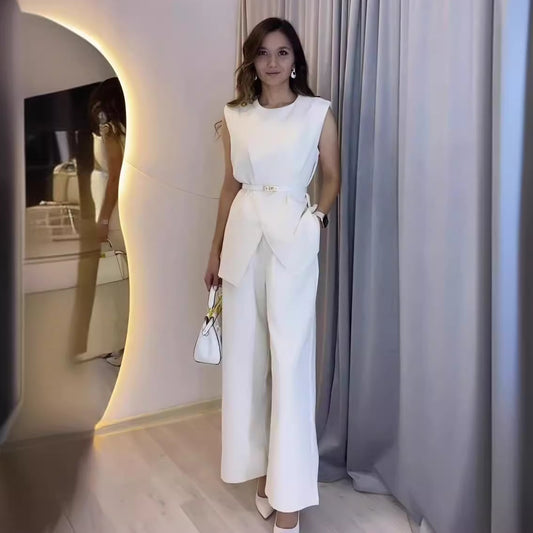 Round Neck Sleeveless Top & High Waist Wide Leg Pants Set