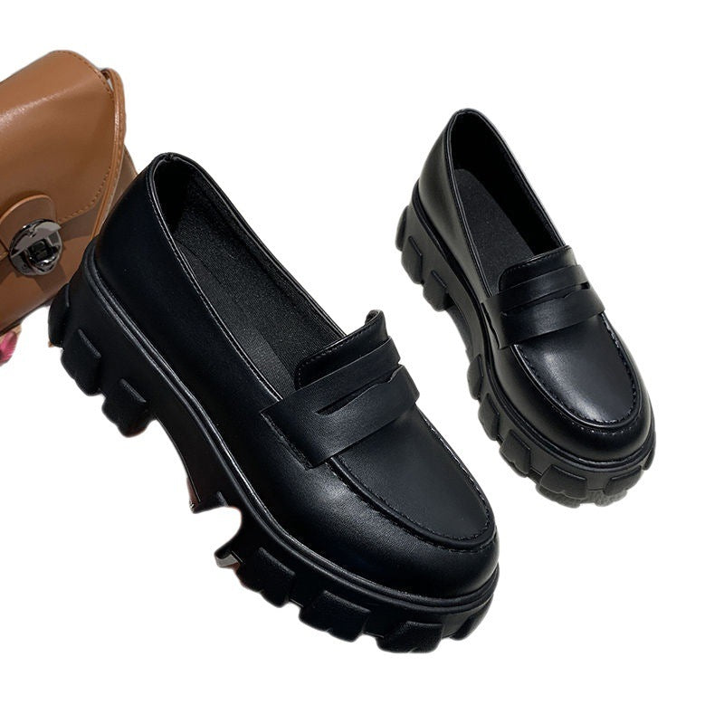 Thick Heel Black Leather Shoes