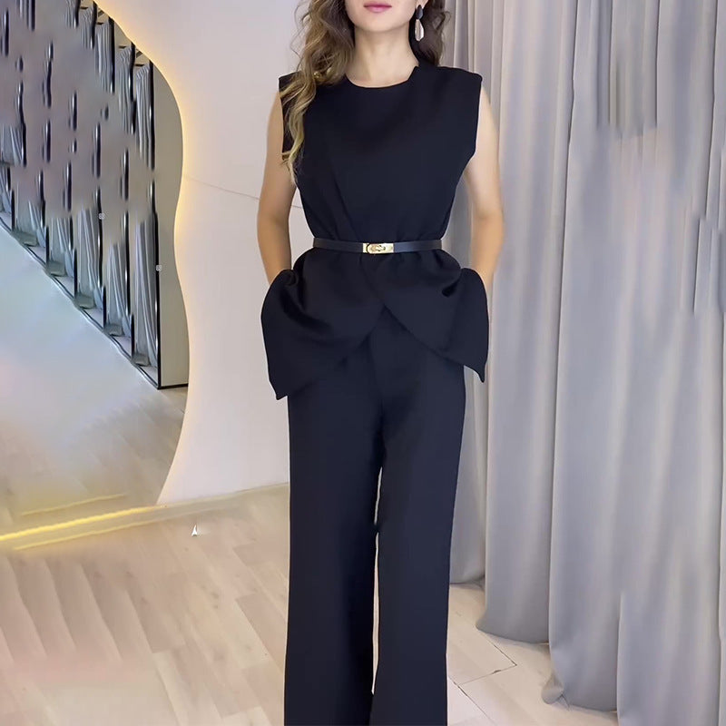 Round Neck Sleeveless Top & High Waist Wide Leg Pants Set